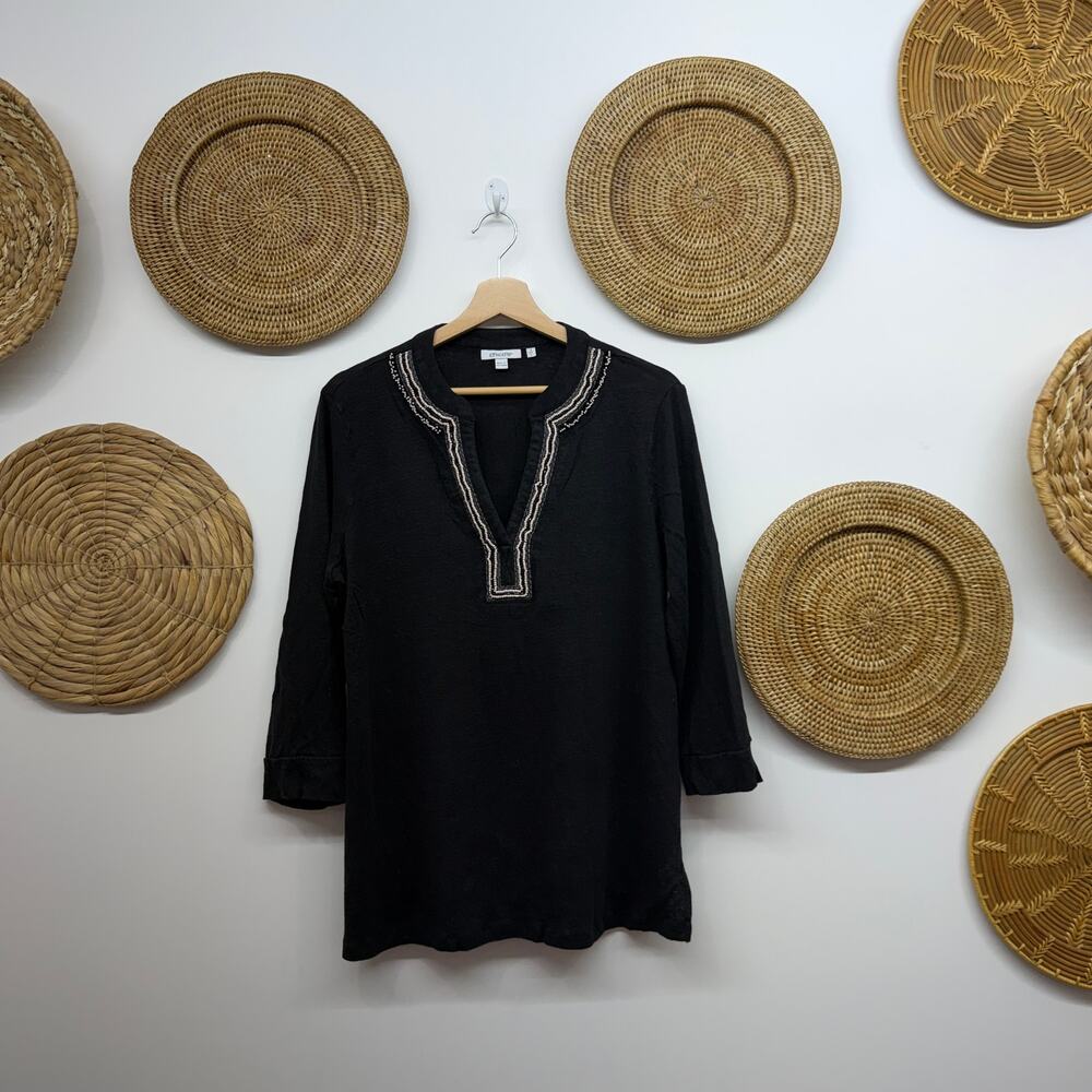 Chico's Black Beaded Linen Long Sleeve Top Large